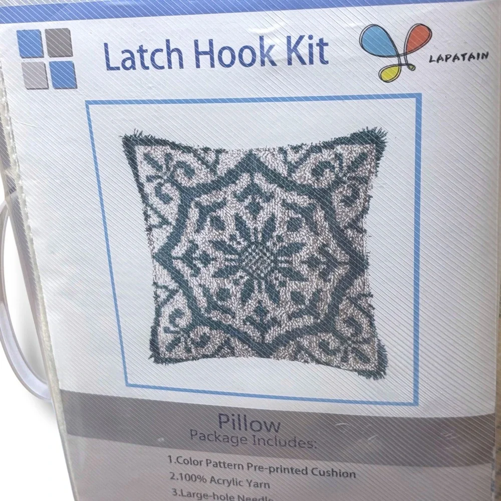 Lapatain Latch Hook Kit Blue Grey Geometric Pillow Case 17x17 DIY Craft LTB1315
